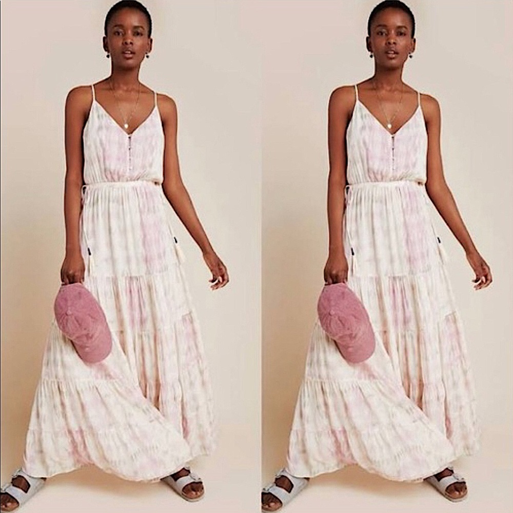 NWT Anthropologie Annie Tiered Maxi Dress 2X in light shades of pink & cream.